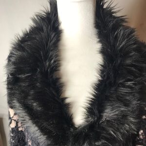 Black Rivet Coat Sweater with furry collar rose pattern and pockets